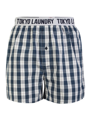 Tokyo Laundry Rising Wolf Checked Cotton Boxer Shorts in Marine