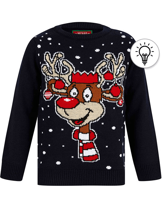 Boy's Rudolph Party LED Light Up Novelty Christmas Jumper in Ink - Merry Christmas Kids (4-12yrs)