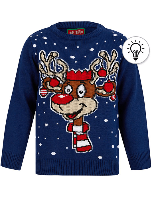 Boy's Rudolph Party LED Light Up Novelty Christmas Jumper in Sapphire - Merry Christmas Kids (4-12yrs)