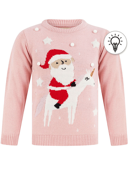 Girl's Unicorn Santa LED Light Up Novelty Christmas Jumper in Pink Almond Blossom - Merry Christmas Kids (4-12yrs)
