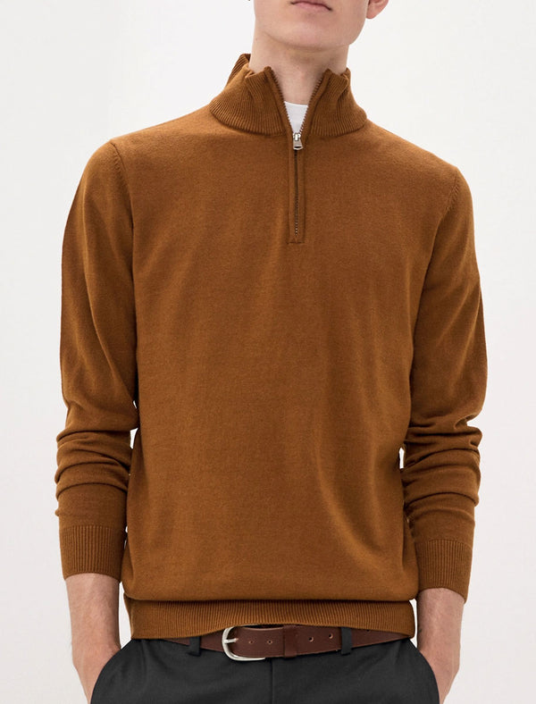 Redwood 2 Half Zip Neck Cashmilon Knit Jumper in Rubber Brown - Kensington Eastside