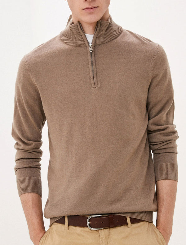 Hitchcock Half Zip Neck Cashmilon Knit Jumper in Taupe - Kensington Eastside