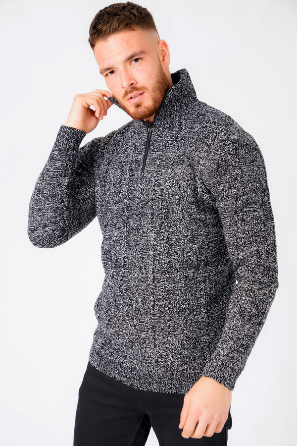 Eskra Half Zip Cable Knit Jumper in Black & Optic White - Tokyo Laundry
