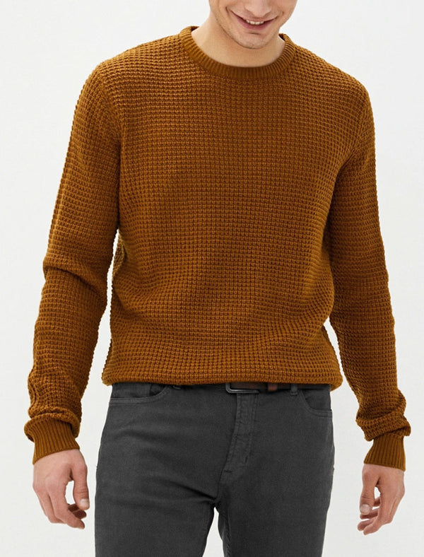 Olney Crew Neck Waffle Knit Jumper in Rubber Brown - Kensington Eastside