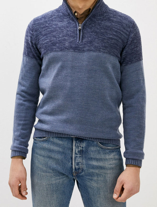 Lansallos Half Zip Neck Colour Block Knit Jumper in Denim Marl / Light Blue - Kensington Eastside