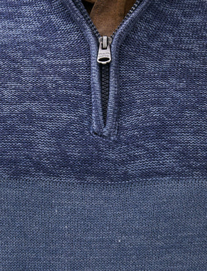 Lansallos Half Zip Neck Colour Block Knit Jumper in Denim Marl / Light Blue - Kensington Eastside
