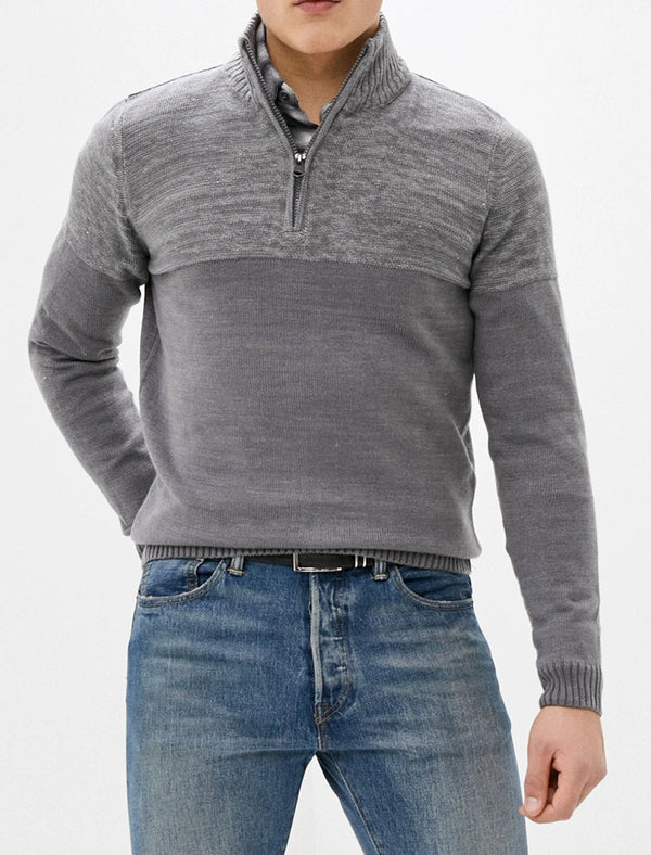 Lansallos Half Zip Neck Colour Block Knit Jumper in Mid Grey Marl / Light Grey Marl - Kensington Eastside