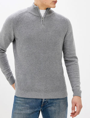 Kinkle Half Zip Cotton Knitted Jumper In Mid Grey Marl - Kensington Eastside