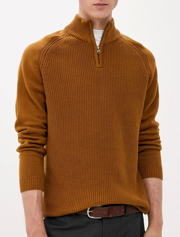 Kinkle Half Zip Cotton Knitted Jumper In Rubber Brown - Kensington Eastside