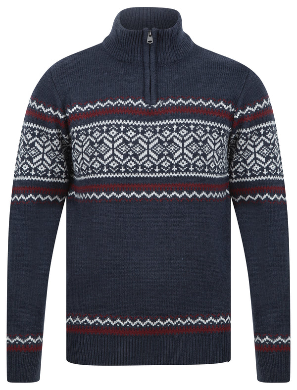 Elderside Quarter Zip Fairisle Knit Funnel Neck Jumper in Dark Denim Marl - Kensington Eastside
