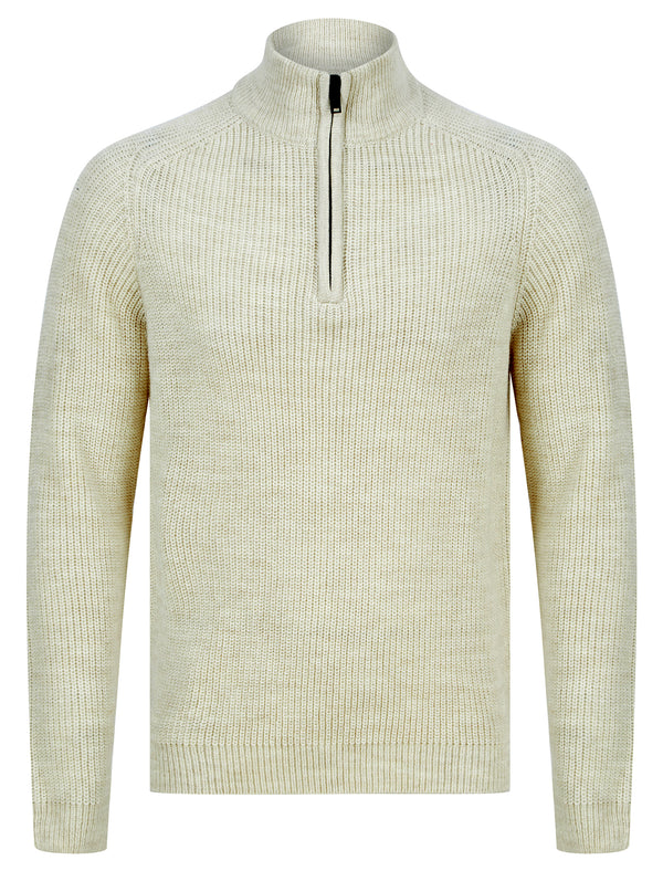 Asteroid Half Zip Funnel Neck Wool Blend Knitted Jumper in Oatgrey Marl - Dissident