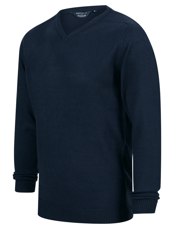 Rubik V-Neck Knitted Jumper in Sky Captain Navy - Kensington Eastside