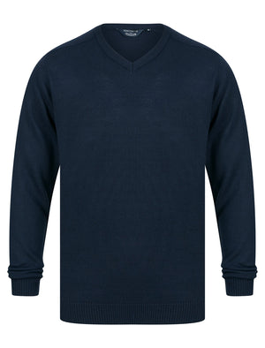 Rubik V-Neck Knitted Jumper in Sky Captain Navy - Kensington Eastside