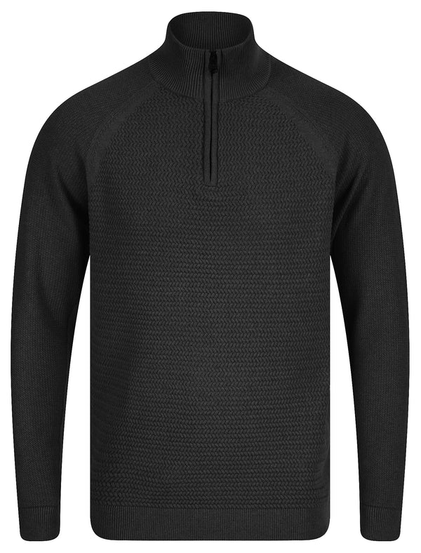 Valve Quarter Zip Textured Knit Cotton Funnel Neck Jumper in Black - Kensington Eastside