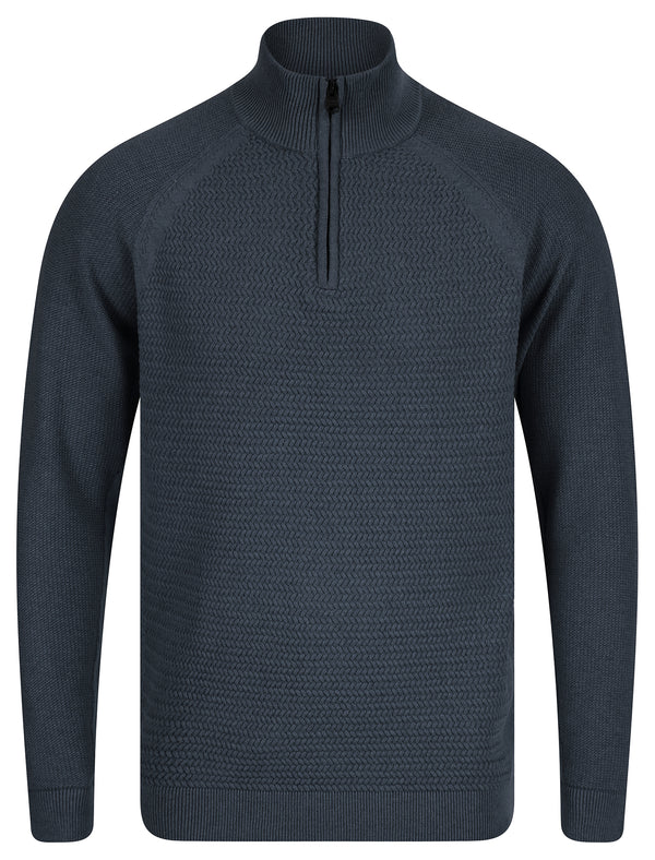 Valve Quarter Zip Textured Knit Cotton Funnel Neck Jumper in Denim Marl - Kensington Eastside
