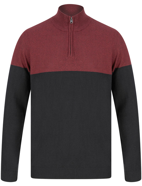 Joesef Quarter Zip Colour Block Knitted Funnel Neck Jumper in Claret - Kensington Eastside