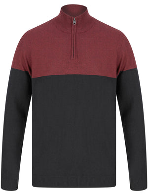 Roman Quarter Zip Colour Block Knitted Funnel Neck Jumper in Claret - Kensington Eastside