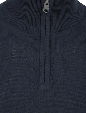 Roman Quarter Zip Colour Block Knitted Funnel Neck Jumper in Denim Marl - Kensington Eastside