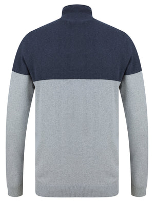 Roman Quarter Zip Colour Block Knitted Funnel Neck Jumper in Denim Marl - Kensington Eastside