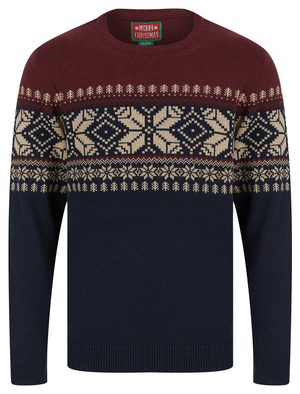 Men's Jolli Jacquard Nordic Fairisle Christmas Jumper in Claret - Merry Christmas