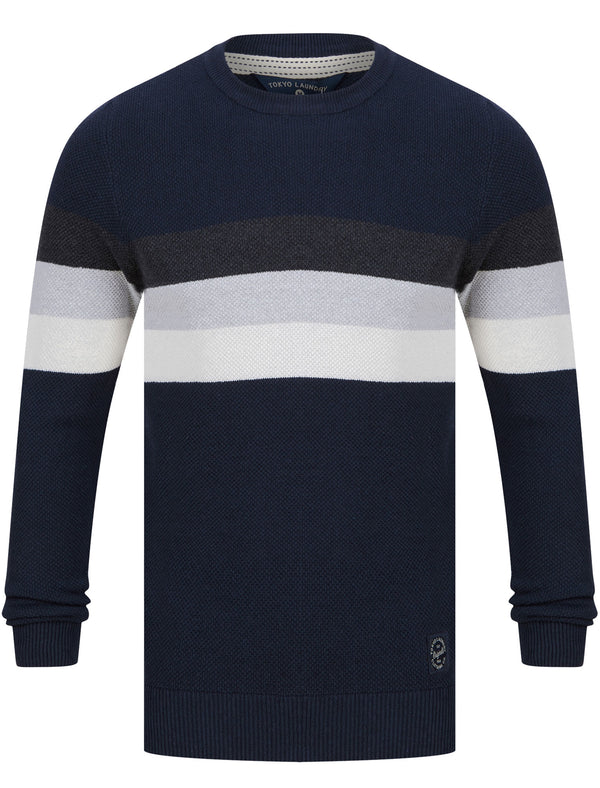 Najwa Crew Neck Textured Knit Cotton Rich Colour Block Jumper in Navy - Tokyo Laundry