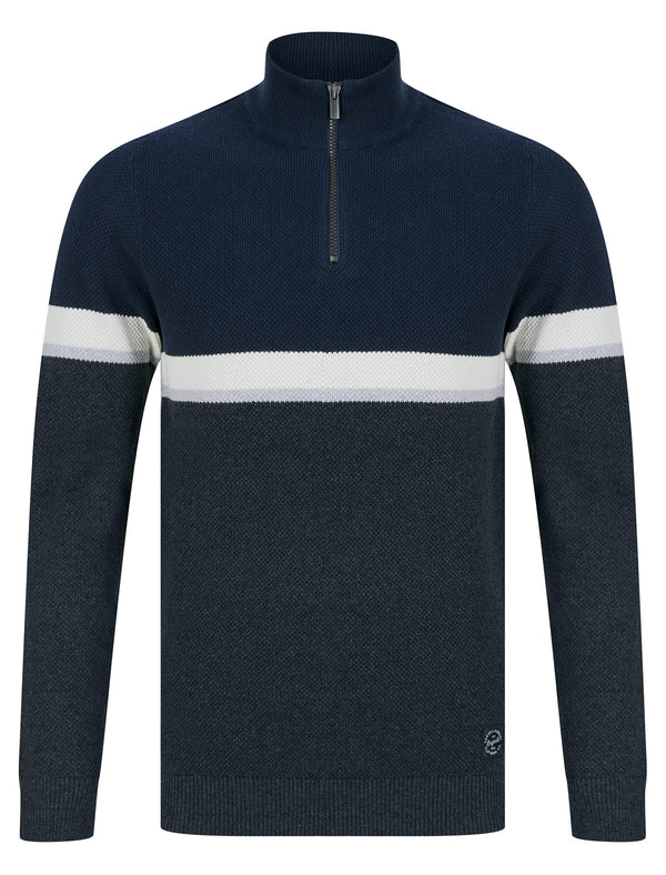 Nimri Cotton Rich Quarter Zip Funnel Neck Knitted Colour Block Jumper in Dark Grey Marl - Tokyo Laundry