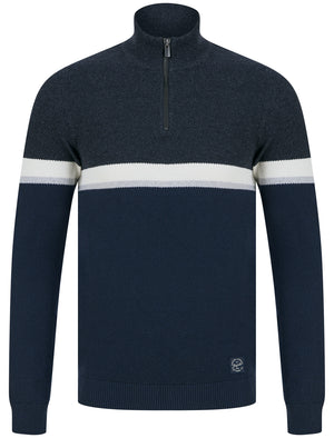 Nimri Cotton Rich Quarter Zip Funnel Neck Knitted Colour Block Jumper in Navy - Tokyo Laundry