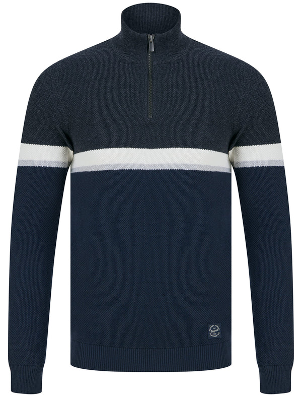 Nimri Cotton Rich Quarter Zip Funnel Neck Knitted Colour Block Jumper in Navy - Tokyo Laundry