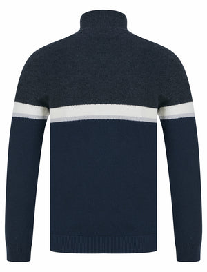 Nimri Cotton Rich Quarter Zip Funnel Neck Knitted Colour Block Jumper in Navy - Tokyo Laundry