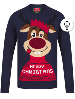 Men s Feelin Merry Motif LED Light Up Novelty Christmas Jumper in Fren Tokyo Laundry