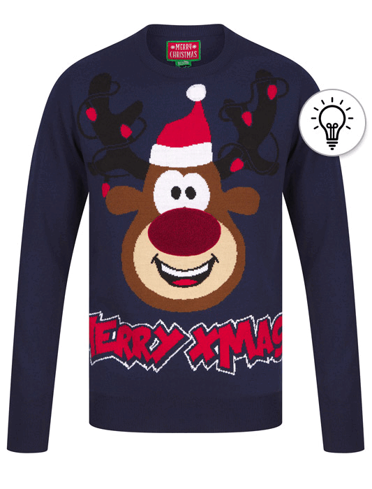 Men's Merry Lights Motif LED Light Up Novelty Christmas Jumper in French Navy - Merry Christmas