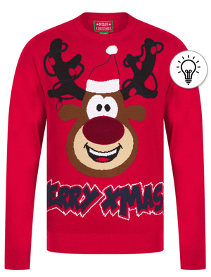 Men's Merry Lights Motif LED Light Up Novelty Christmas Jumper in George Red - Merry Christmas