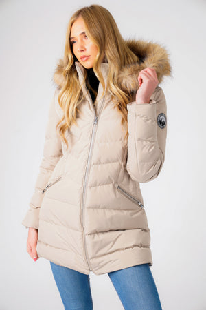 Jaboris Fur Funnel Neck Longline Quilted Puffer Coat in Fog Stone - Tokyo Laundry