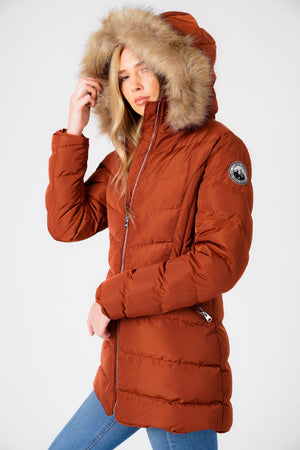 Jaboris Fur Funnel Neck Longline Quilted Puffer Coat in Paprika - Tokyo Laundry