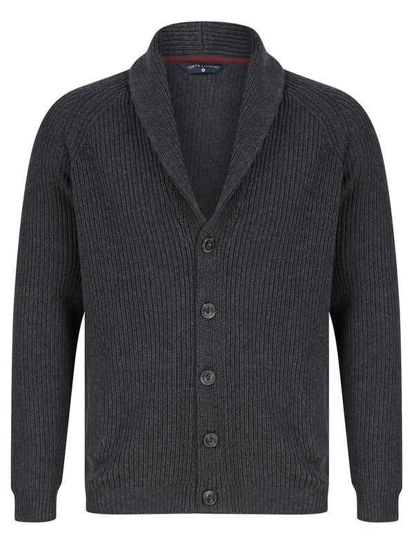 Biel Rib Knit Cotton Rich Shawl Neck Cardigan in Charcoal Marl - Tokyo Laundry