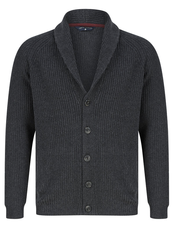Hurd Rib Knit Cotton Rich Shawl Neck Cardigan in Charcoal Marl - Tokyo Laundry