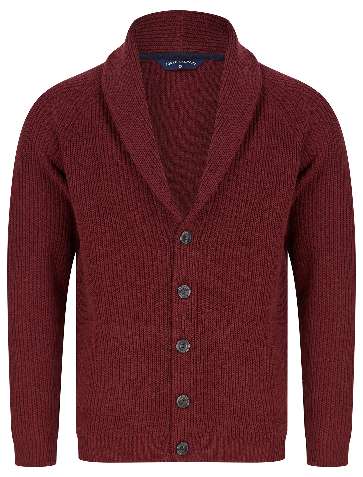 Hurd Rib Knit Cotton Rich Shawl Neck Cardigan in Claret Tokyo