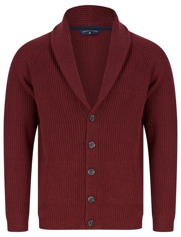 Hurd Rib Knit Cotton Rich Shawl Neck Cardigan in Claret - Tokyo Laundry