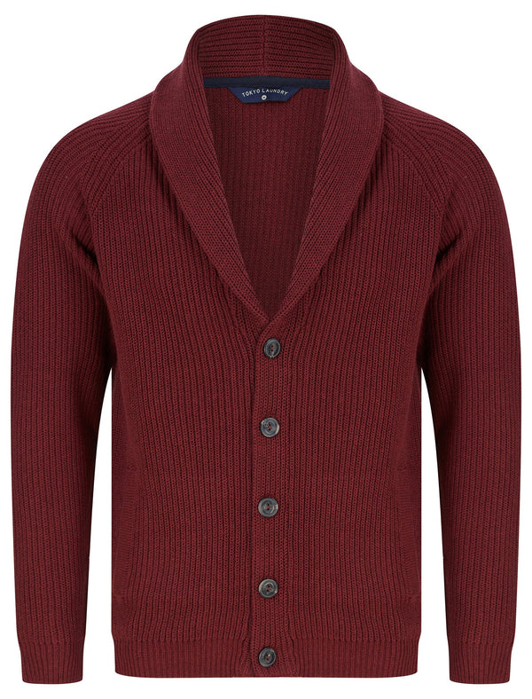 Biel Rib Knit Cotton Rich Shawl Neck Cardigan in Claret - Tokyo Laundry