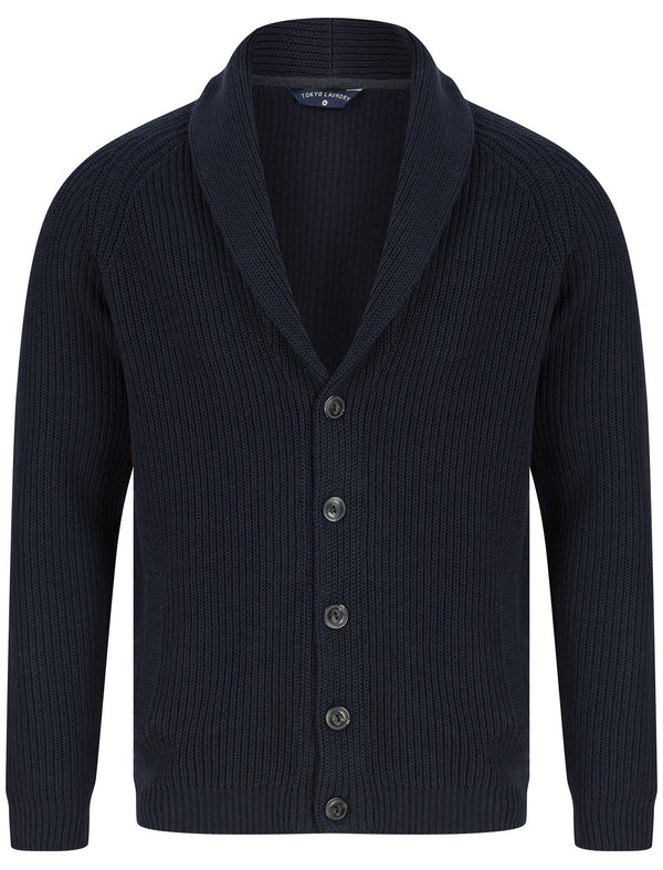 Hurd Rib Knit Cotton Rich Shawl Neck Cardigan in Navy - Tokyo Laundry