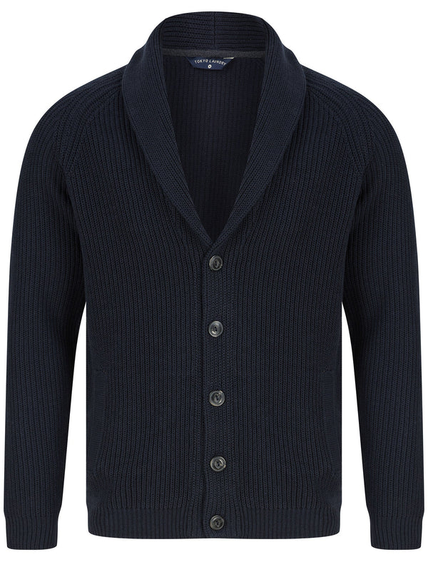 Biel Rib Knit Cotton Rich Shawl Neck Cardigan in Navy - Tokyo Laundry