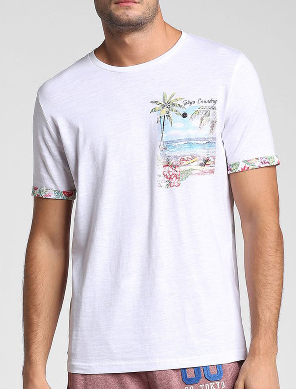 Raft Cotton Slub T-Shirt with Printed Pocket In Optic White - Tokyo Laundry
