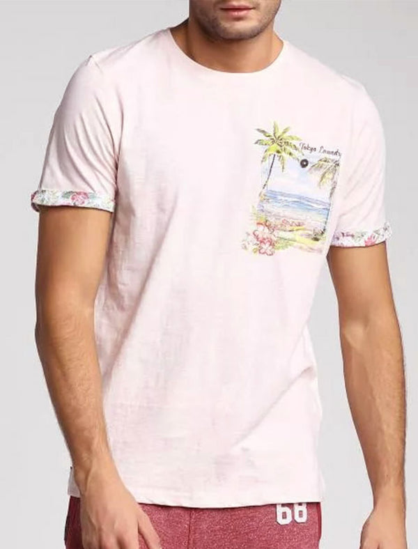 Raft Cotton Slub T-Shirt with Printed Pocket In Primrose Pink - Tokyo Laundry