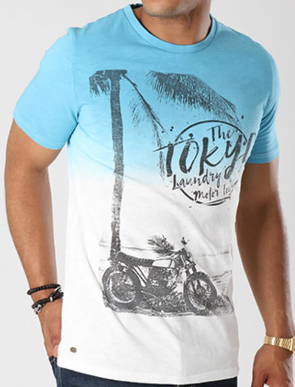 Motor Tour Motif Cotton Slub T-Shirt In Blue Moon - Tokyo Laundry