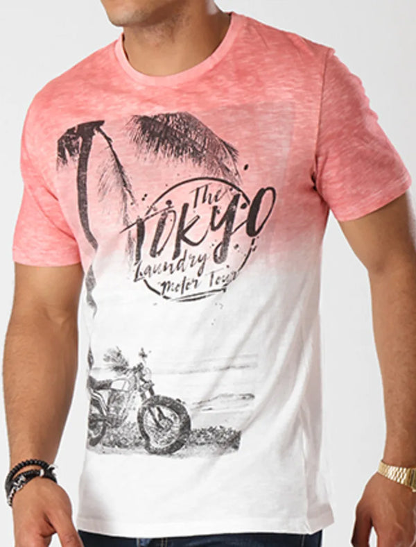 Motor Tour Motif Cotton Slub T-Shirt In Faded Rose - Tokyo Laundry