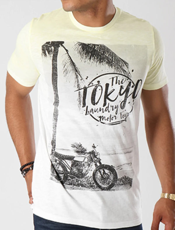 Motor Tour Motif Cotton Slub T-Shirt In Tender Yellow - Tokyo Laundry