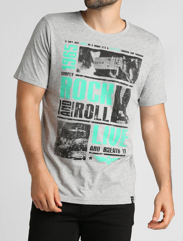 Rock and Roll Motif Cotton T-Shirt in Light Grey Marl - Tokyo Laundry