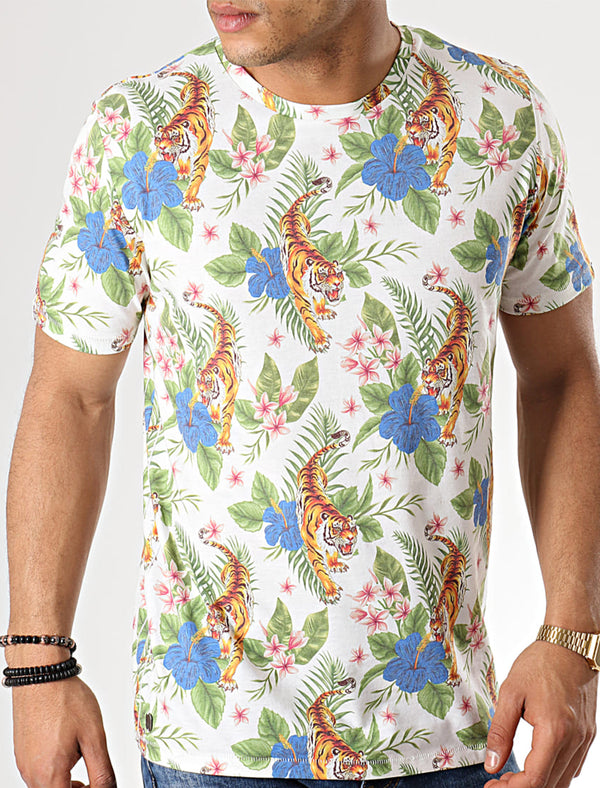 Honolulu Tiger Palm Printed Slub T-Shirt In Marshmallow White - Tokyo Laundry