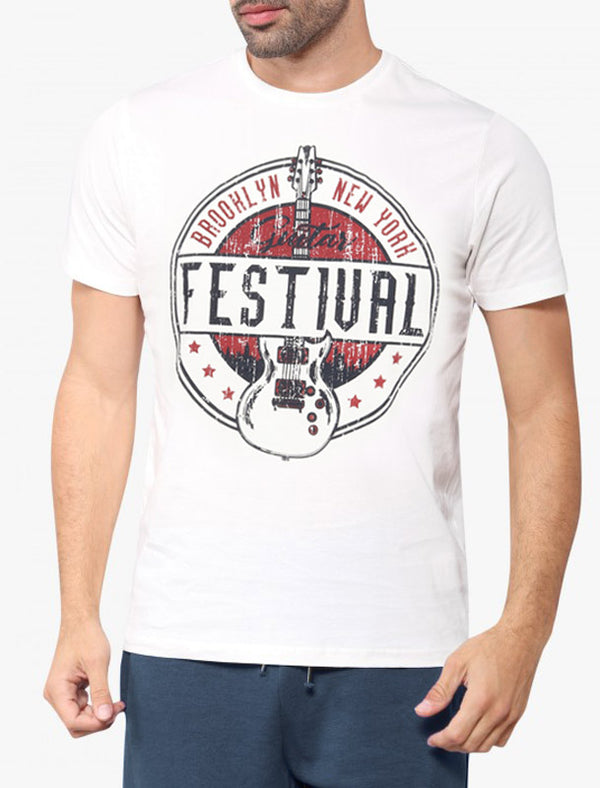 Guitar Festival Motif Cotton T-Shirt In Ivory - South Shore