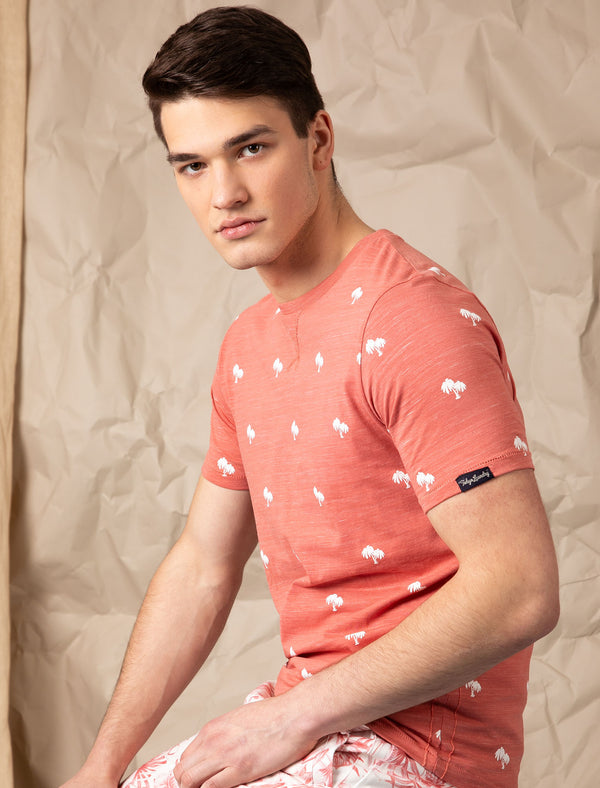 Maui Palm Print Cotton Jersey T-Shirt In Faded Peach - Tokyo Laundry